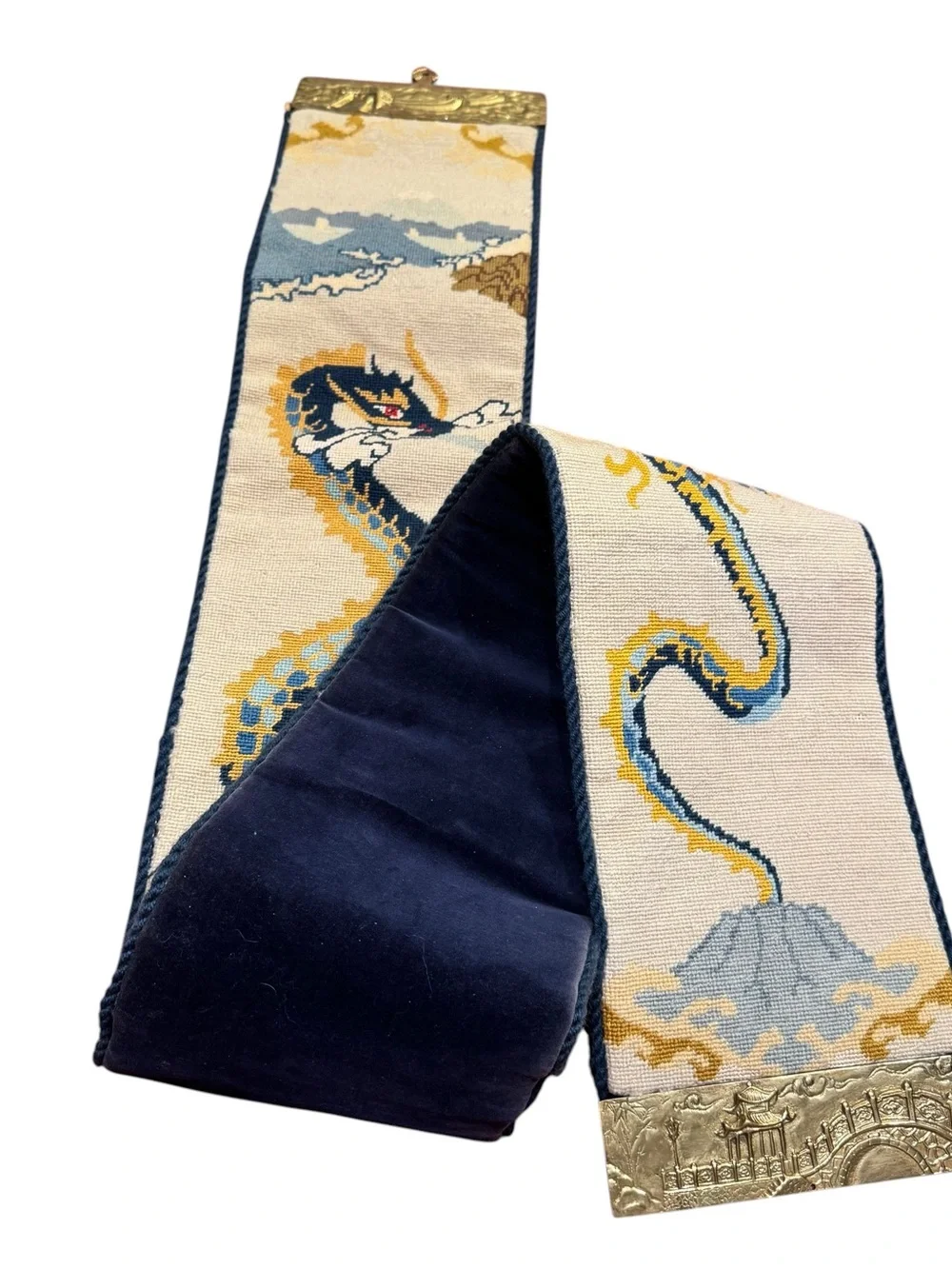 Vintage Asian Chinese Needlepoint Hanging Dragon Wall Art 60”x 7” Tapestry Brass